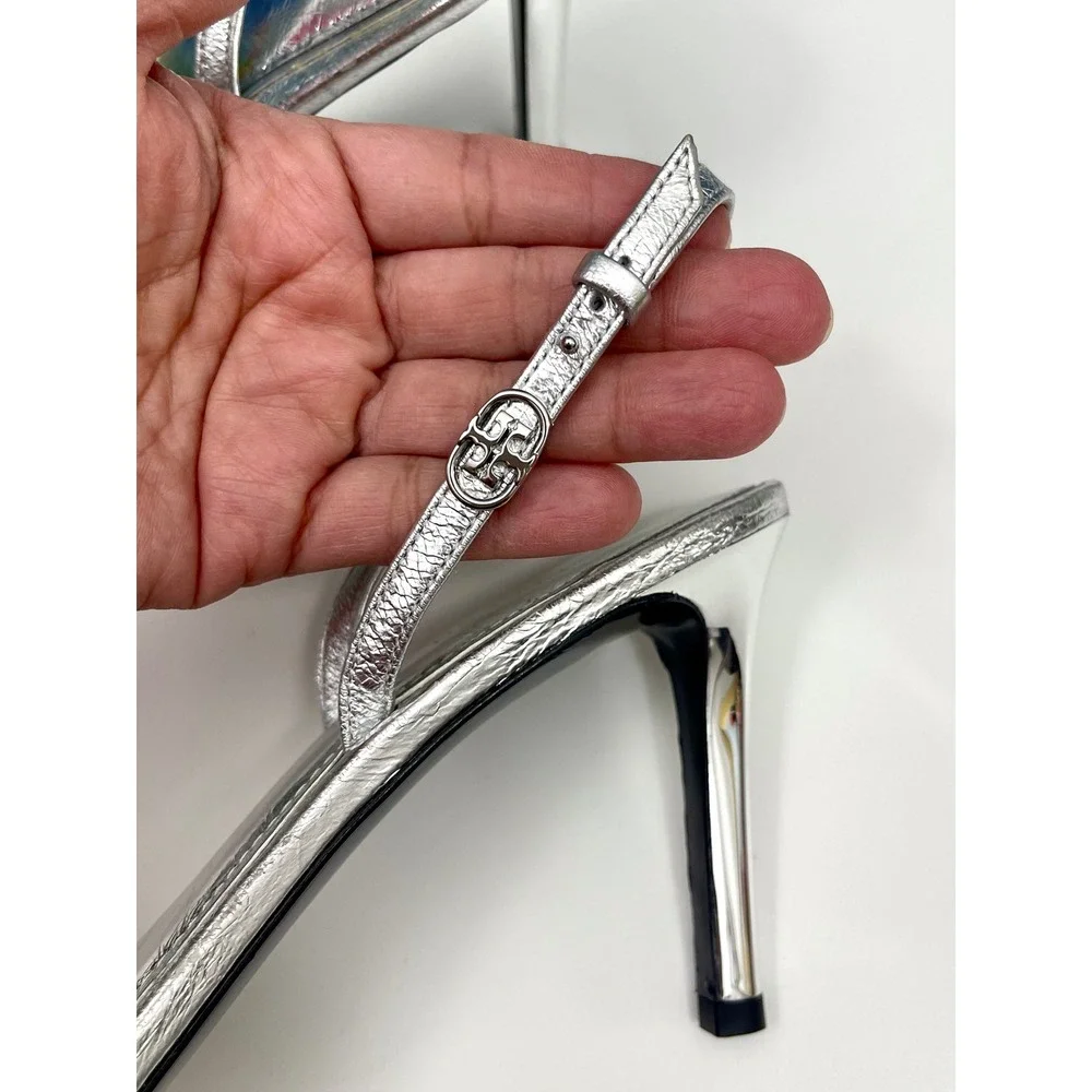 New Tory Burch Silver Metallic Leather Slingback Stiletto Sandals 8.5